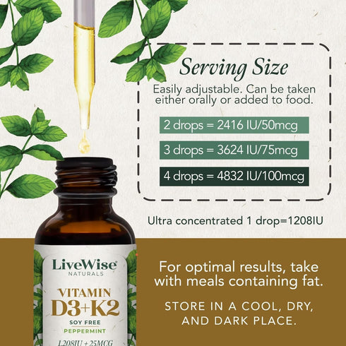 LiveWise Naturals Vitamin D3 with K2 Liquid Drops, 1208 IU D3 & 25 mcg K2, All Natural, USA Made