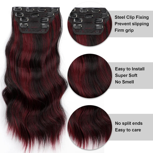 Vigorous Clip in Hair Extensions 4PCS Black Burgundy mixed Soft Synthetic Hairpieces Synthetic Hair Extensions 20 Inches Full Head Clip in Hair Extensions for Women