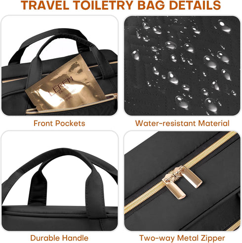 Women's Travel Toiletry Bag, Hanging Makeup Organizer for Accessories and Full-size Toiletries in Medium Black