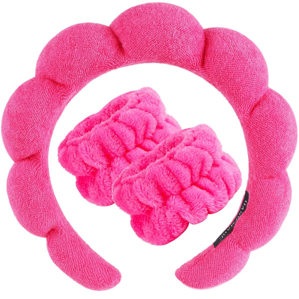 Spa Headband & Wristband Set for Washing Face - Soft Terry Cloth Bubble Hairband for Women, Hot Pink