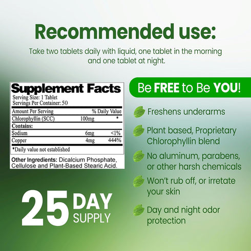 Original Chlorophyll Deodorizing Supplement for Full Body Freshness - 50 Tabs, Aluminum-Free