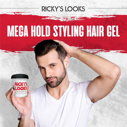 Ricky's Looks Mega Hold Styling Hair Gel for Curly, Frizzy, Straight, Wavy & Fine Hair, Flake Free