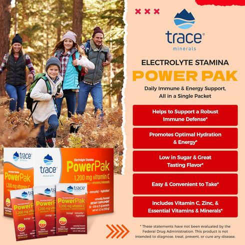 Trace Minerals Power Pak Electrolyte Powder Packets, 1200 mg Vitamin C, Guava Passionfruit, 30 Packets