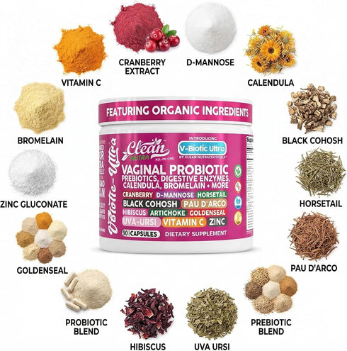 Horsetail 90 Clean Nutra Vaginal Probiotics for Women + Prebiotics Digestive Enzymes Bromelain Cranberry D Mannose