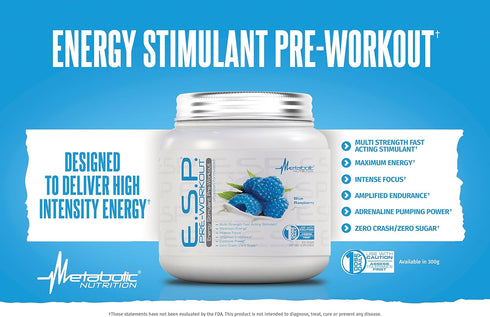 Metabolic Nutrition ESP Stimulating Pre Workout Supplement, Energy & Endurance, Watermelon 300 Grams (90 Servings)