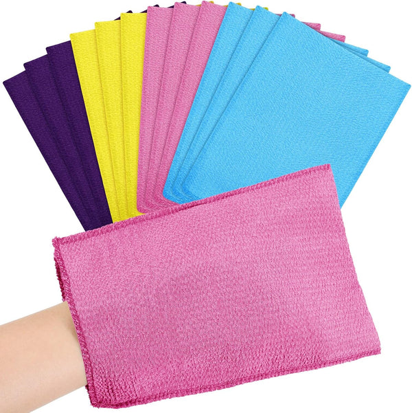 Tatuo 12 Pieces Korean Exfoliating Mitt Cloth Towel, Body Scrub, Bath Exfoliating Scrub Towel (Purple, Yellow, Pink,