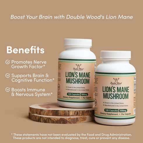Organic Lions Mane Mushroom Capsules, 120 Count, for Brain Support and Immune Health, by Double Wood