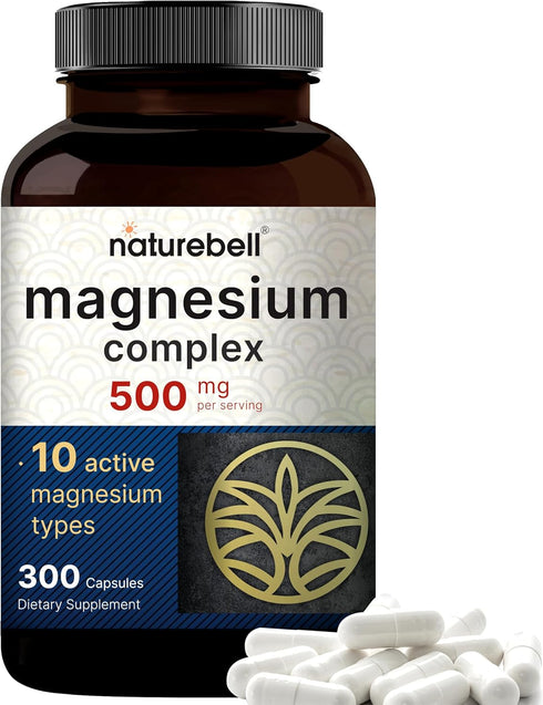 NatureBell Magnesium Complex Supplement 500mg - 300 Capsules with 10 Active Forms for Bone, Heart, & Muscle Support