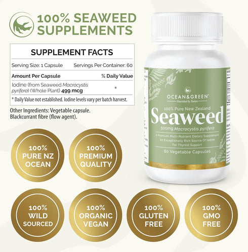 Seaweed Kelp Supplements from New Zealand | 100% Pure Organic & Natural - Multi-Nutrient & Thyroid Support - 60