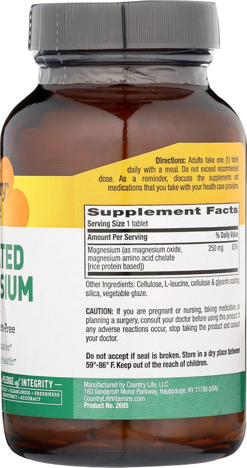 Country Life Chelated Magnesium 250mg, Daily Supplement, 90 ct