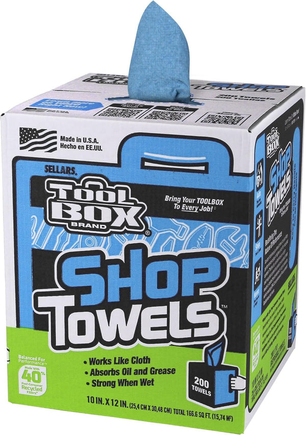 Sellars WIPERS Toolbox Blue Center-Pull Box Shop Towels (200 Sheets Per Box), 10"