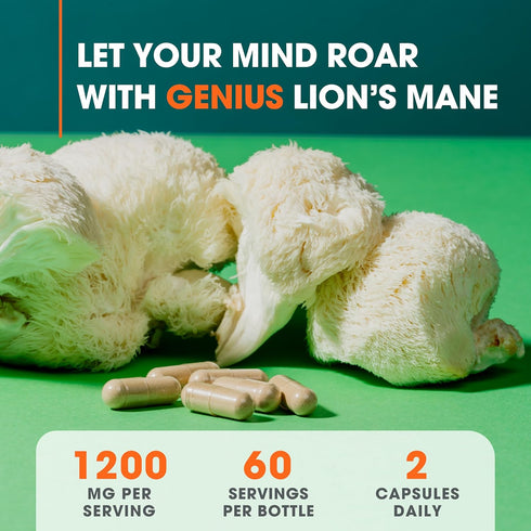 Genius Lions Mane Supplement Capsules, Organic Nootropic, 1200mg per Serving, 120 Veggie Pills