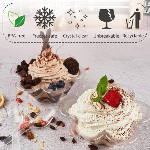 50ct 8oz Clear Plastic Dessert Cups with Spoons, Disposable Flower Shaped Ice Cream Bowls for Parties