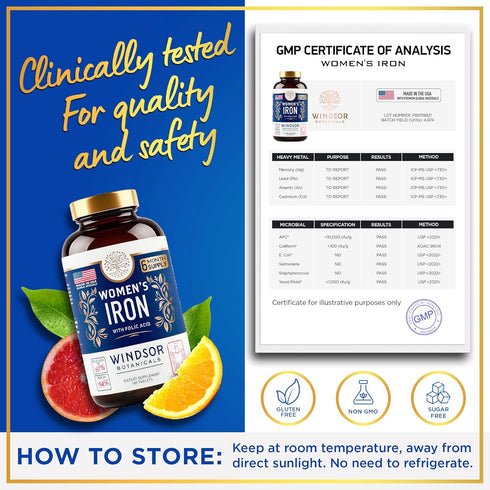 Iron Pills for Women - Iron Supplement with Folic Acid for Anemia, Period, Pregnancy Support - 180 Vegan Tablets