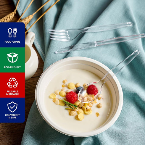 JOLLY CHEF 300 Count Plastic Cutlery Set, Clear Disposable Utensils, 100 Forks, 100 Spoons, 100 Knives for Party