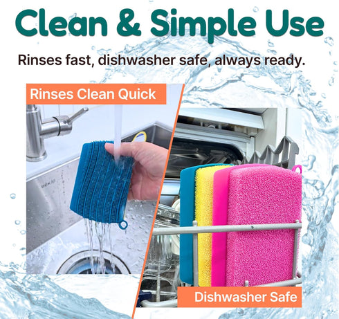 KOOKJEmart 3-in-1 Silicone Scrubber Sponge with Squeegee Non-Scratch Kitchen Sponge for Dishes, Sink & Bathroom