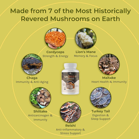 Naturealm Sacred 7 Mushroom Extract Capsules - Lion’s Mane, Reishi, Chaga & More - 100% Fruiting Bodies, 30-Day Supply