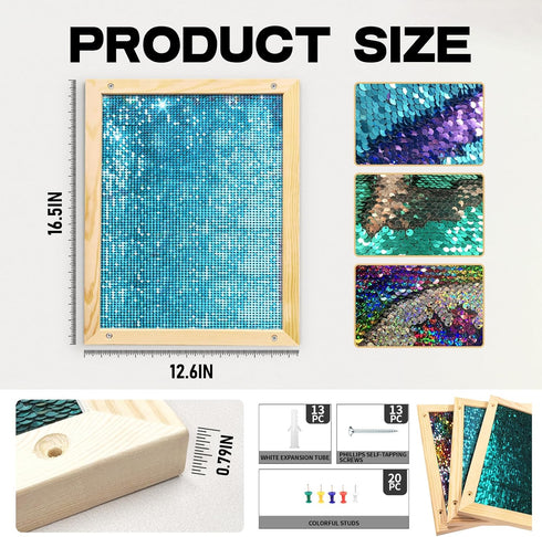 Wibeelee 3 Pcs Flip Sequin Fabric Wood Frame Wall Panel, Sensory Toy Reversible Sequin Flip Fabric Mat with Wood Frame