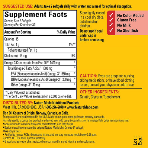 Nature Made Extra Strength Omega 3 Fish Oil 1400 mg Minis, 60 Softgels for Heart, Brain & Eye Support