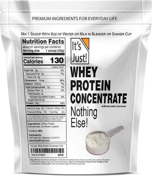 It's Just! 100% Whey Protein Concentrate, Made in USA, Premium WPC-80, Unflavored, 3 Pound