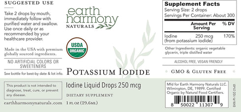 USDA Organic Potassium Iodide 250 mcg Liquid Supplement (6 Month Supply) - Supports The Thyroid Gland and Helps Exposure & Low Levels of Iodine - More Bioavailable Than Iodine Tablets, Pills - 1 Fl Oz
