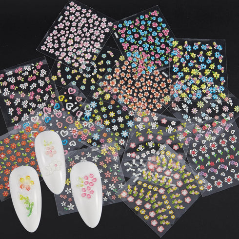 WOKOTO 50Pcs Self-Adhesive 3D Flower Nail Stickers, Floral Nail Decals for Women, Girls, Kids Nail Art with Tweezers