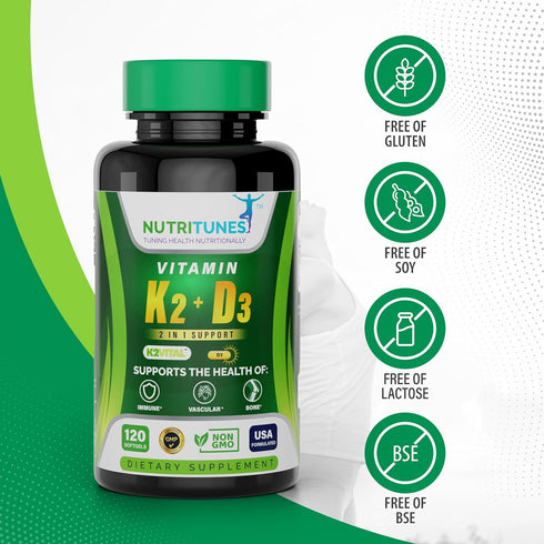 Vitamin K2 + D3 Supplement, 120 Softgels for Cardiovascular & Bone Health, Non-GMO & Allergen-Free