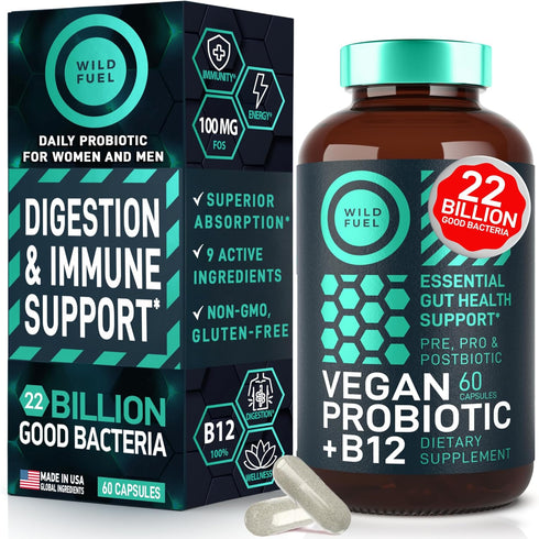 Vegan Probiotic Plus B12 - 22 Billion CFU Synbiotics for IBS, Digestive & Gut Health, Mood Support - 60 Gluten-Free