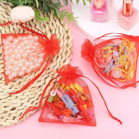 100Pcs Small Organza Bags 3x4 Inch - Red Drawstring Christmas Candy Gift Bags, Baby Shower Favors