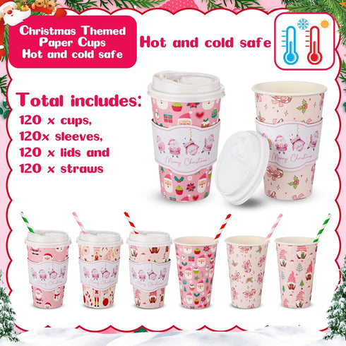 Jingmore 120 Sets 16oz Disposable Paper Coffee Cups with Lids Sleeves Straws Holiday Paper Drinking Cups Bulk for Hot