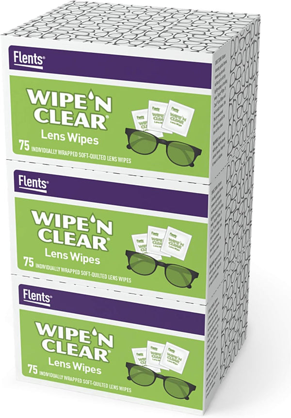 Flents Eyeglass Cleaner Lens Wipes, 225 Count (3 Boxes of 75), Pre-Moistened Cleaning Cloths for Glasses & Screens
