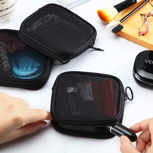 Weewooday 4 Pcs Mesh Makeup Bag, Mini Cosmetic Pouch with Zipper for Daily Accessory (Small, Black)
