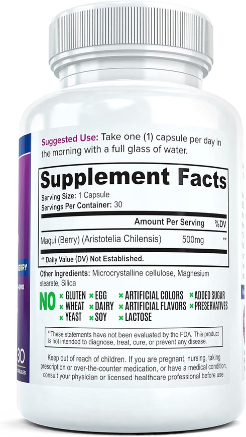 Packed 500mg, 30 Pure Maqui Berry Extract Capsules | Premium All Natural Superfood Formula with Antioxidants, Vegan