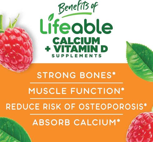 Lifeable Calcium 500 mg with Vitamin D3 1000 IU Gummies - Great Tasting Natural Flavor Vitamin Supplement, Gluten Free,