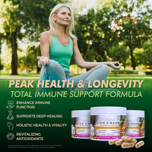 Immune (120 Women's PureBalance Lion's Mane Mushroom Supplement Capsules with Reishi, Cordyceps, Turkey Tail Brain