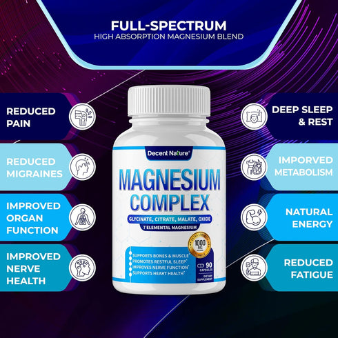 Magnesium Complex 1000mg, 90 Capsules - 7 Elemental Magnesium Supplement with Glycinate, Citrate, Malate & More