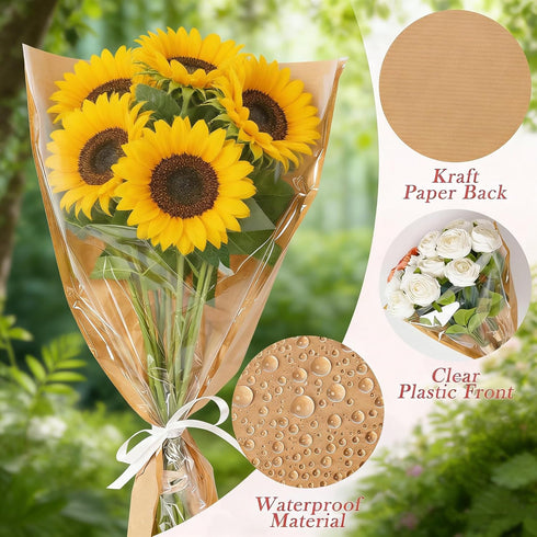 JYWRAPAER 50 Pack Packaging 9.8x3.9x17.9 Inches Flower Bags for Bouquets, Brown Kraft Flower Bouquet Bags, Wrapping