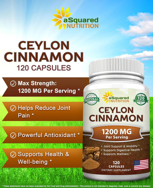 Natural Ceylon Cinnamon 1200mg, 120 Capsules, True Cinnamon Extract Supplement for Heart Health