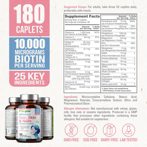 biophix Hair Skin and Nails Complex, 180 Caplets with 10,000 mcg Biotin for Healthy Aging