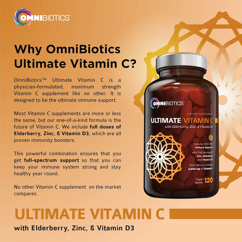 OmniBiotics Ultimate Vitamin C 2000 mg with Zinc, Elderberry, & Vitamin D3, 120 Vegan Tablets