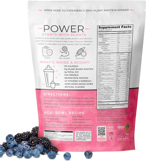 One Sol Protein Powder - Lean & Low Carb, Gluten Free, Vegan Friendly (Acai Berry Blast)