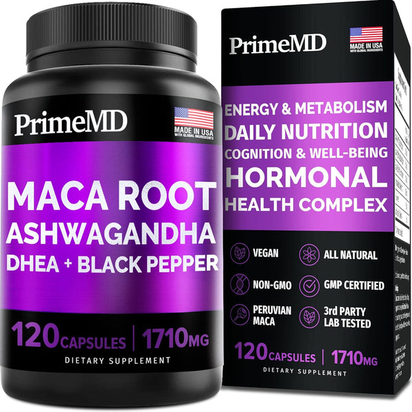 6-in-1 Organic Maca Root & Ashwagandha Capsules 1710mg, 120 Capsules, DHEA & Black Pepper Extract, Mood & Stamina