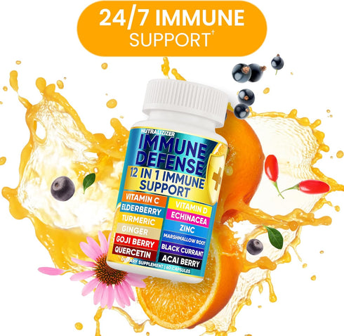 12 in 1 Premium Immune Defense Vitamins - 120 Caps, Immune Supplement with Vitamin D3, C, Zinc, Echinacea