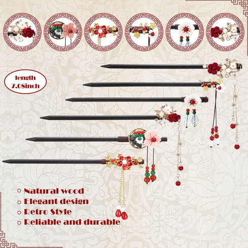 WILLBOND 6 Pcs Chinese Hair Chopsticks for Women Wooden Hair Accessories Japanese Floral Hair Sticks Retro Tassel Flower Vintage Hairpins Handmade Hair Pins for Girls Long Curly Hair(Elegant Pattern)