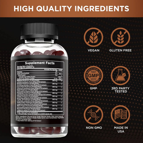 Mushroom Gummies 10 Blend - 2500mg Complex for Brain Booster, Immune Support, Energy (90ct)