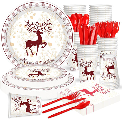 Xionpe 140-Pc Christmas Disposable Tableware Set for 20 Guests - Reindeer Themed Party