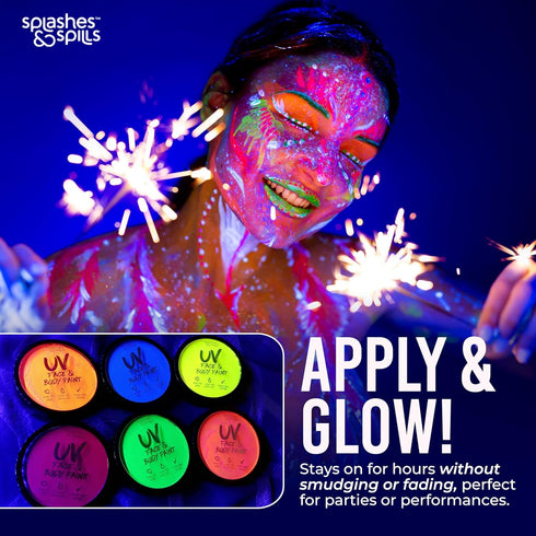 Water Activated UV Black Light Face and Body Paint, 6 Color Pack for Costume, Halloween, Club Makeup