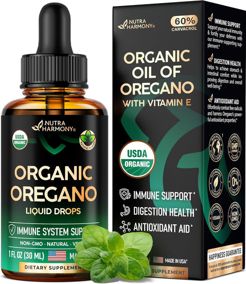 USDA Organic Oil of Oregano | Immune Support Liquid Drops with Vitamin E, Non-GMO, Natural, Vegan - 1 Fl Oz