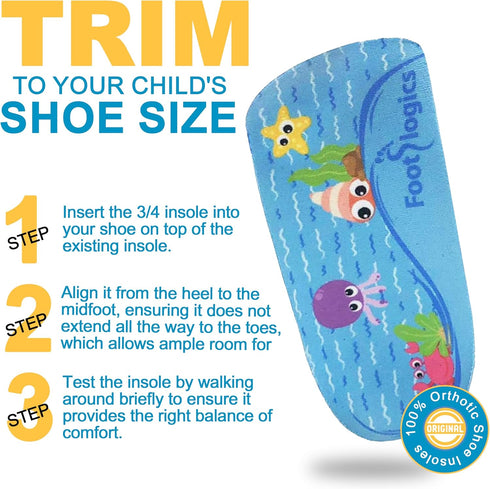 Kids Orthotic Shoe Insoles with Arch Support for Heel Pain, Flat Feet - Pair 3/4 Length (Small Kids 11-13, Blue)