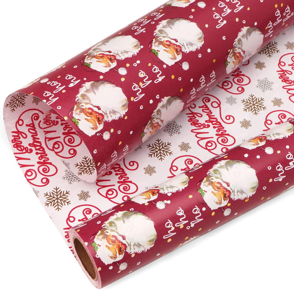 Ribbli Christmas Wrapping Paper Reversible Vintage Santa and Merry Christmas Red White